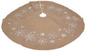 Rund juletræsskjorte af jute med hvide snefnug og stjernemønstre, central hul og åbning for nem placering, festlig design, naturlig brun farve, blødt stof.