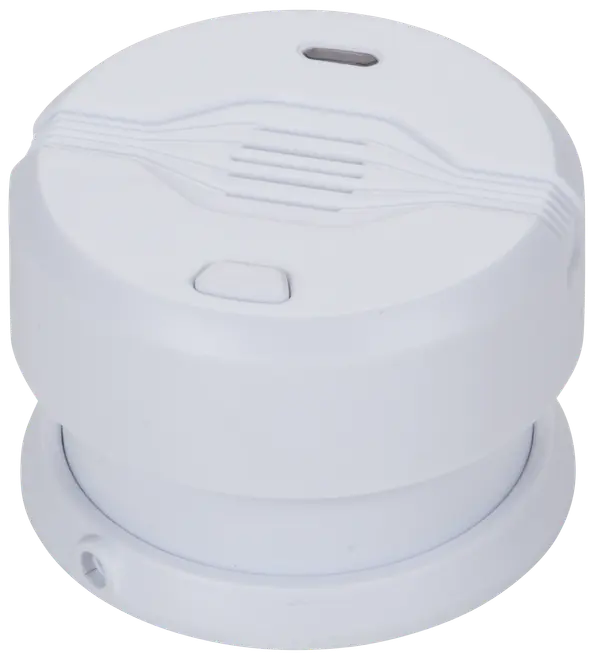 Rund, hvid røgdetektor med testknap, ventileret gitter og monteringsbase. Designet til loftsmontering for at opdage røg og advare ved brand.