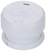 Rund vit brandvarnare med testknapp, ventilerat galler och monteringsbas. Avsedd för takmontering för att upptäcka rök och varna vid brand.