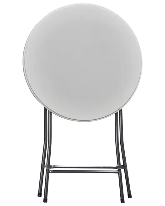 Runt fällbord med slät vit bordsskiva och stadiga ben i krommetall. Lätt, portabel design, perfekt för fester, evenemang eller extra matplats. Enkel att förvara.