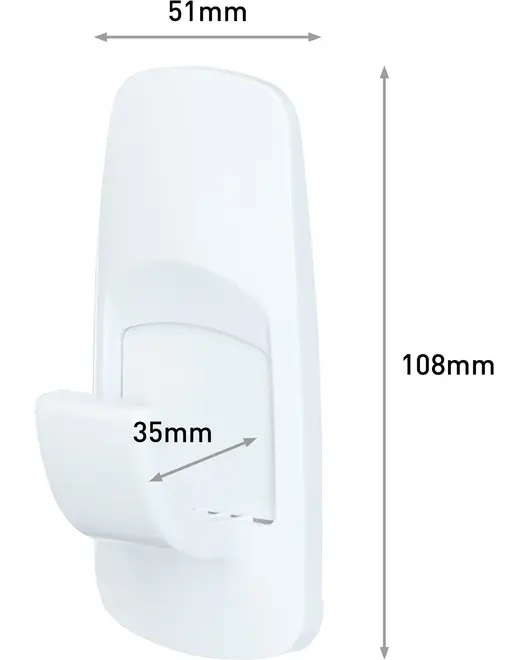 Hvid plastik vægkrog, 108 mm høj, 51 mm bred, med 35 mm dyb krog. Moderne, glat design til ophæng i badeværelse, køkken eller entré.