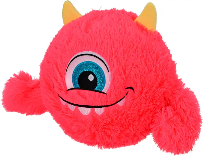 Plysdyr formet som et lyserødt monster med ét stort blåt øje, to gule horn, smilende mund med tænder og bløde arme. Lavet af blødt, plysset materiale.