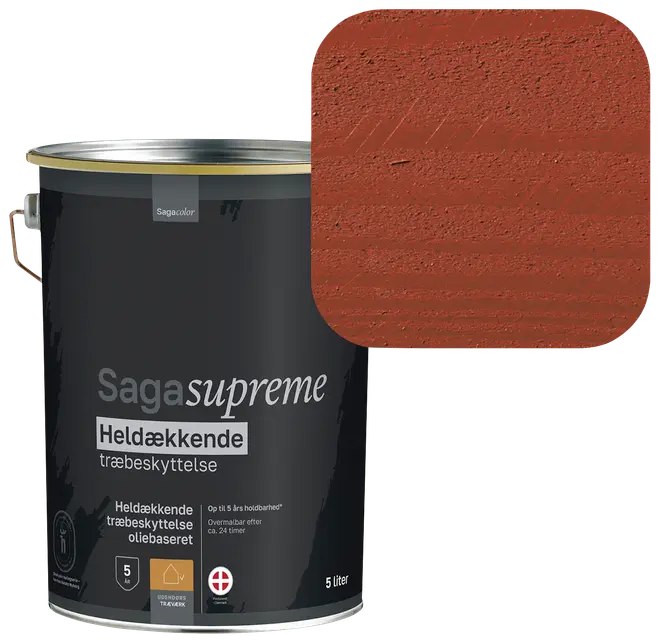 5-liters spand Saga Supreme heldækkende oliebaseret træbeskyttelse, mat rødbrun farve. Velegnet til udendørs træværk, lang holdbarhed.