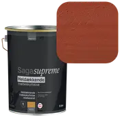 5-liters spand Saga Supreme heldækkende oliebaseret træbeskyttelse, mat rødbrun farve. Velegnet til udendørs træværk, lang holdbarhed.
