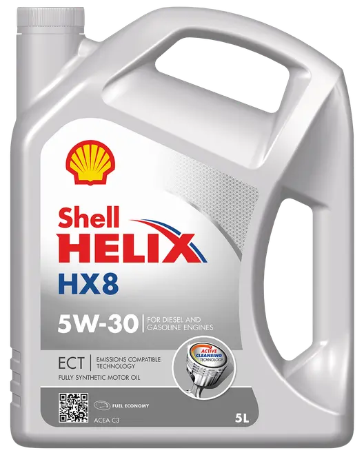 5 liter Shell Helix HX8 5W-30 helsyntetisk motorolja för diesel- och bensinmotorer, med utsläppskompatibel teknik och aktiv rengöring, i silverfärgad plastdunk.