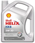 5 liters Shell Helix HX8 5W-30 fuldsyntetisk motorolie til diesel- og benzinmotorer, med emissionskompatibel teknologi og aktiv renseteknologi, i sølvfarvet plastdunk.