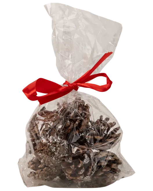 Klar plastpåse med dekorativa kottar och silverglitter, knuten med rött band. Perfekt för jul- eller festdekoration.