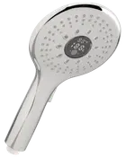 Handhållet duschmunstycke i krom med flera spraymunstycken och digital temperaturdisplay i mitten. Ergonomiskt handtag, passar moderna badrum, enkel att installera och använda.