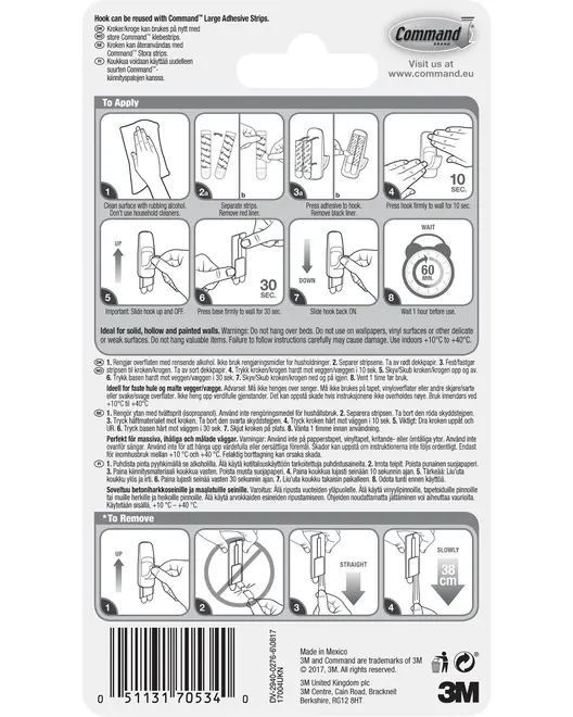 Bagside af Command krog emballage med trin-for-trin illustrationer til montering og fjernelse, sikkerhedsinstruktioner, produktinformation og stregkode. Tekst på flere sprog.