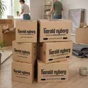 Stak af brune flyttekasser med 'harald nyborg' logo, bærehåndtag og trykt webadresse. Velegnet til opbevaring eller flytning. Kasserne er robuste og rektangulære.