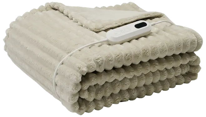 Beige elektrisk varmetæppe med ribbet plysstruktur, foldbart design og fjernbetjening til justerbar varme. Blødt og hyggeligt materiale, ideelt til seng eller sofa.