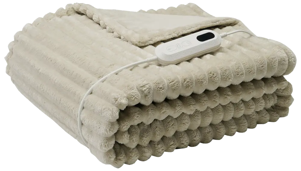 Beige elektrisk värmefilt med ribbad plyschstruktur, vikbar design och fjärrkontroll för justerbar värme. Mjukt, mysigt material, perfekt för säng eller soffa.