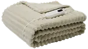 Beige elektrisk varmetæppe med ribbet plysstruktur, foldbart design og fjernbetjening til justerbar varme. Blødt og hyggeligt materiale, ideelt til seng eller sofa.
