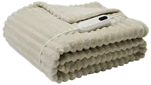 Beige elektrisk värmefilt med ribbad plyschstruktur, vikbar design och fjärrkontroll för justerbar värme. Mjukt, mysigt material, perfekt för säng eller soffa.