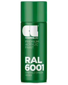 Cosmoslac spraydåse med premium akrylmaling, RAL 6001 Emerald Green, 400ml. Grøn cylinder med hvid tekst og grøn låg.
