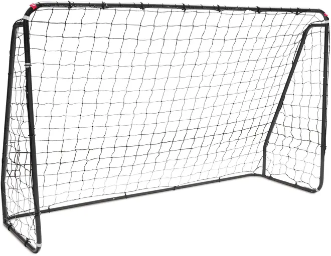 Fodboldmål i fuld størrelse med robust sort metalramme og holdbart net. Velegnet til udendørs brug, nemt at samle, ideelt til træning og leg.