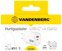 Vandenberg 65W hurtigoplader med USB-C og USB-A porte, egnet til telefoner, tablets og laptops. Kompakt hvidt design, GaN2 teknologi, sikkerhedstestet, europæisk stik.