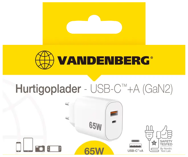 Vandenberg 65W hurtigoplader med USB-C og USB-A porte, egnet til telefoner, tablets og laptops. Kompakt hvidt design, GaN2 teknologi, sikkerhedstestet, europæisk stik.