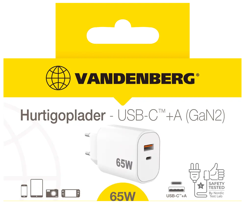 Vandenberg 65W hurtigoplader med USB-C og USB-A porte, egnet til telefoner, tablets og laptops. Kompakt hvidt design, GaN2 teknologi, sikkerhedstestet, europæisk stik.