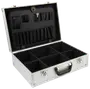 Sølvfarvet hardcase med sort håndtag, låsbare spænder og indvendige rumdelere. Låget har elastiske lommer og holdere til værktøj eller tilbehør. Robust og bærbart design.