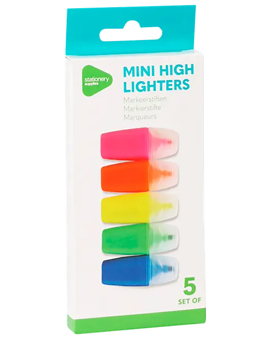 Sæt med fem mini-højlighters i pink, orange, gul, grøn og blå, vist i en ophængelig detailæske.