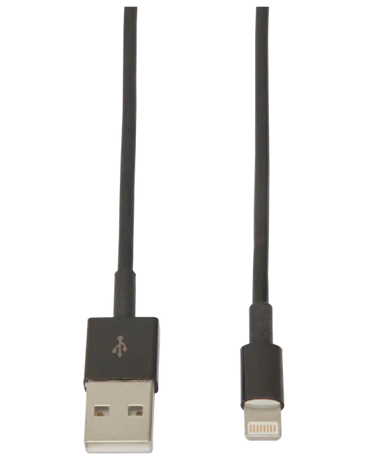 Svart USB-A till Lightning-kabel, passar för laddning och dataöverföring till Apple-enheter. Har USB-A-kontakt i ena änden och Lightning-kontakt i andra.