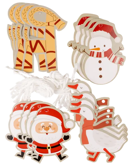 Set med presentetiketter i form av häst, snögubbe, tomte och gås, alla med hål för snöre. Inkluderar vita snören för enkel fastsättning.