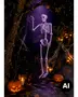 Hängande Halloween-skelettdekoration i en spöklik skogsscen med lysande pumpor, lyktor, spindelnät och lila stämningsbelysning. - Billedet er skabt med AI