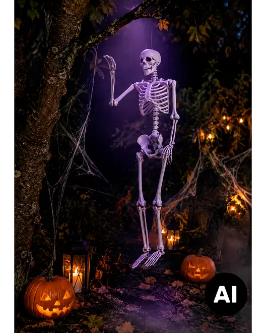 Hängande Halloween-skelettdekoration i en spöklik skogsscen med lysande pumpor, lyktor, spindelnät och lila stämningsbelysning. - Billedet er skabt med AI