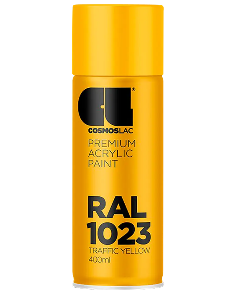 400 ml spraydåse med Cosmoslac premium akrylmaling i RAL 1023 trafikgul. Dåsen har en klar gul farve og sort tekst på etiketten, velegnet til forskellige overflader.