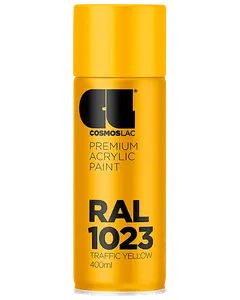 400 ml spraydåse med Cosmoslac premium akrylmaling i RAL 1023 trafikgul. Dåsen har en klar gul farve og sort tekst på etiketten, velegnet til forskellige overflader.