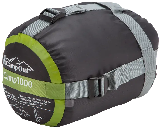 Kompakt sort og grøn sovepose i kompressionspose med justerbare grå remme og spænder, lavet af 100% polyester, velegnet til camping og udendørs brug.