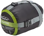 Kompakt svart och grön sovsäck i kompressionspåse med justerbara grå remmar och spännen, tillverkad av 100% polyester, lämplig för camping och utomhusbruk.