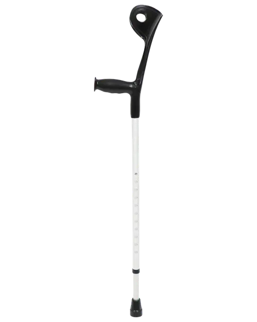 Justerbar albuestok med ergonomisk sort håndtag og manchet, let aluminiumskaft og skridsikker gummifod. Designet til støtte og komfort ved gang.