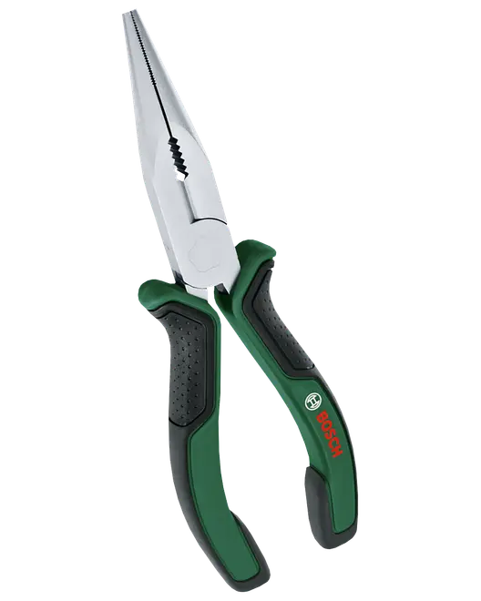 Bosch spidstang med grønne og sorte ergonomiske håndtag og riflede metalkæber.