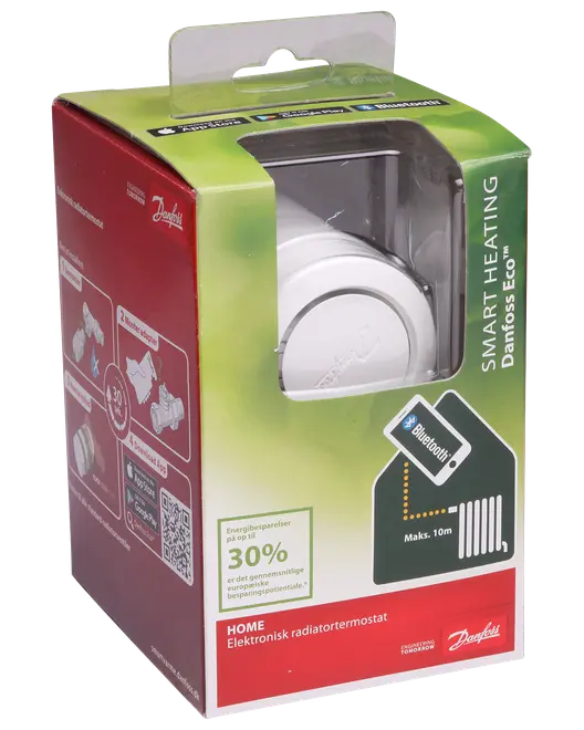 Danfoss Eco elektronisk radiatortermostat, hvid, Bluetooth-kompatibel, til smart styring af hjemmets varme. Leveres i rød og grøn emballage med produktinformation og installationsvejledning.