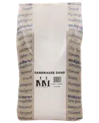 Pose med sandkassesand, 0-2 mm kornstørrelse, 12 liter. Klar plastemballage med produktinformation og branding trykt i blå og sort tekst på forsiden.