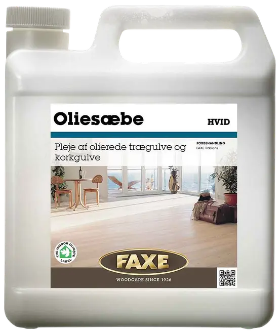 FAXE Hvid Oliesæbe til rengøring og pleje af olierede trægulve og korkgulve. Plastdunk med håndtag og skruelåg, egnet til indendørs brug.