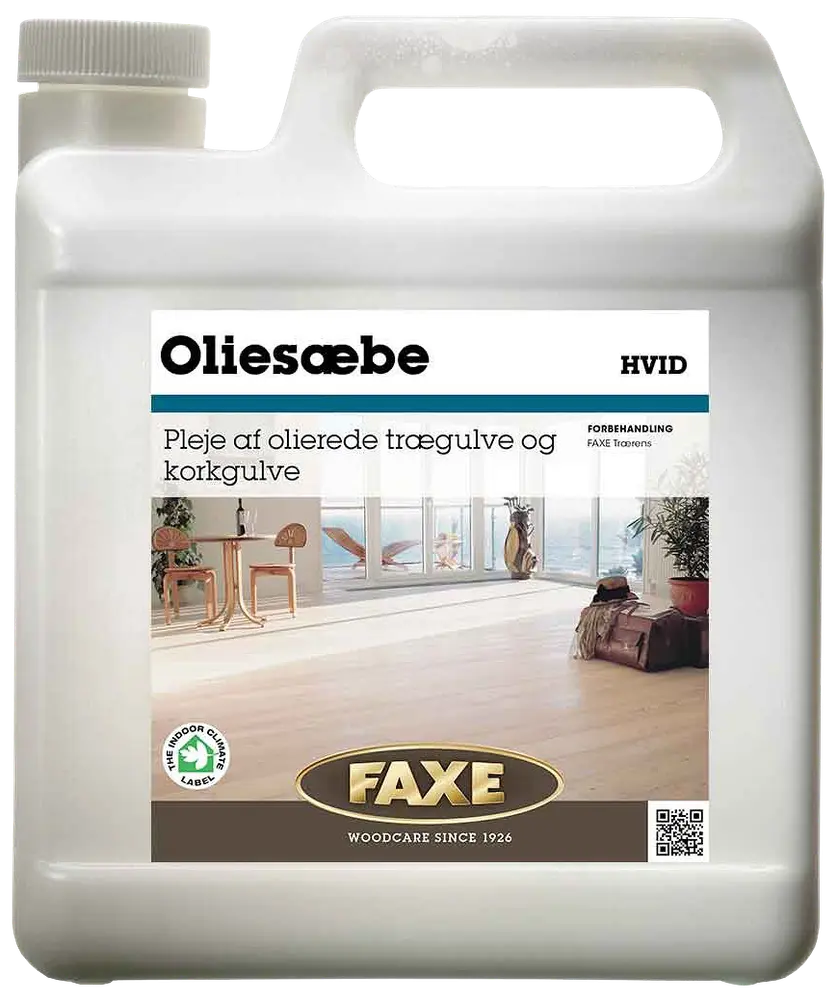 FAXE Hvid Oliesæbe til rengøring og pleje af olierede trægulve og korkgulve. Plastdunk med håndtag og skruelåg, egnet til indendørs brug.