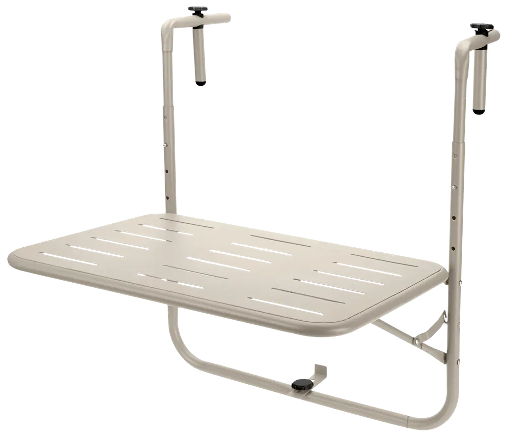 Sammenklappeligt metalbord til altan med justerbare beslag, rektangulær overflade med slidser til dræning, pulverlakeret finish, nem montering på gelænder, pladsbesparende design.