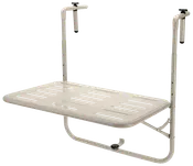 Hopfällbart balkongbord i metall med justerbara fästen, rektangulär yta med slitsar för dränering, pulverlackerad finish, enkel montering på räcke, platsbesparande design.