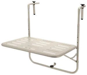 Sammenklappeligt metalbord til altan med justerbare beslag, rektangulær overflade med slidser til dræning, pulverlakeret finish, nem montering på gelænder, pladsbesparende design.