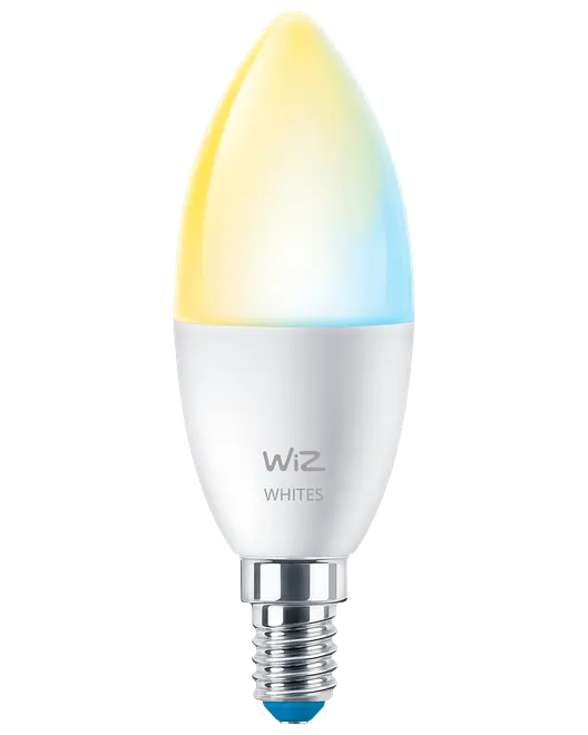 WiZ Whites ljusformad LED-smartlampa med vit kropp, skruvsockel och justerbart varmt till kallt ljus.