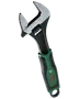 Bosch skiftnyckel med justerbar käft, svart och grönt ergonomiskt handtag samt silverfärgade stålkäftar.
