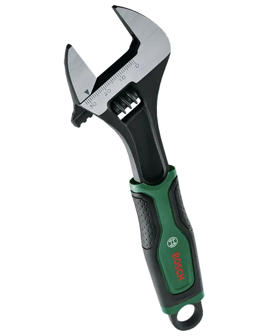 Bosch skiftnyckel med justerbar käft, svart och grönt ergonomiskt handtag samt silverfärgade stålkäftar.