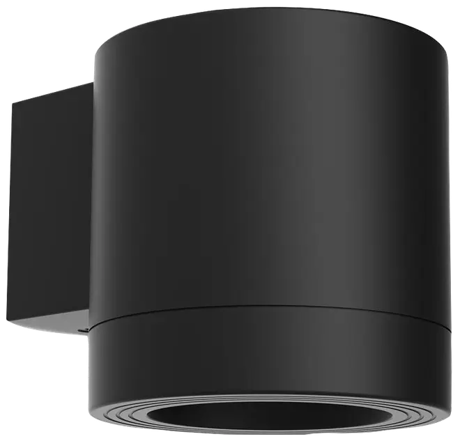 Moderne sort cylindrisk væglampe med mat finish, velegnet til udendørs eller indendørs brug. Lampen har nedadrettet lys og en solid, rektangulær vægbeslag.