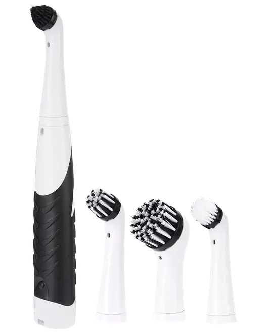 Elektrisk rengöringsborste med svart handtag och fyra utbytbara borsthuvuden i olika former och borsttyper, perfekt för olika ytor och svåråtkomliga områden.