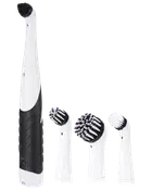 Elektrisk rengöringsborste med svart handtag och fyra utbytbara borsthuvuden i olika former och borsttyper, perfekt för olika ytor och svåråtkomliga områden.