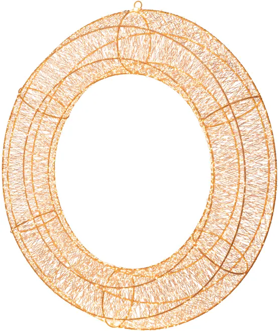 Orange oval trådramme med tæt meshstruktur og ophængsløkker øverst og nederst, velegnet til dekorativt håndværk eller sæsonudsmykning.
