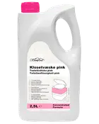 Hvid 2,5 L CampOut toiletvæske-dunk med pink låg, håndtag og label med koncentreret formel.